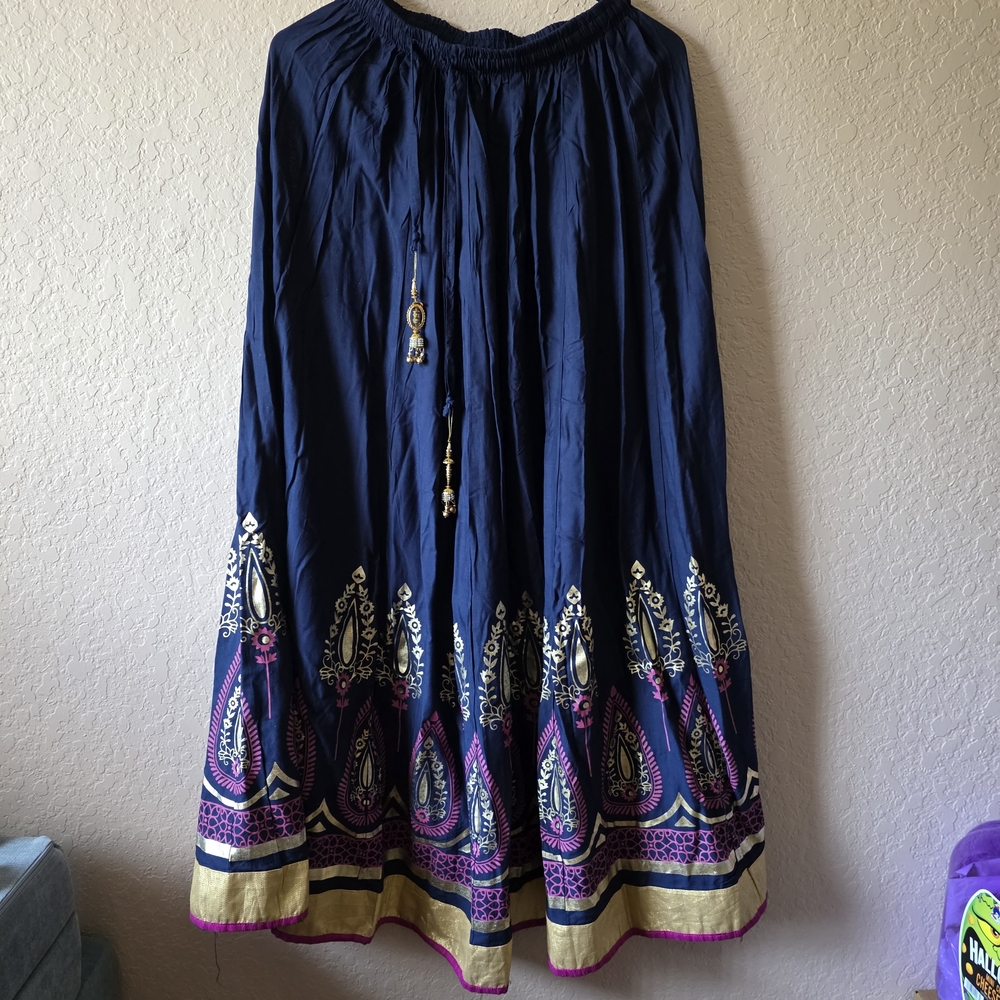 Women’s Indian Maxi Skirt Navy Gold Paisley Boho Ethnic Elastic Waist
